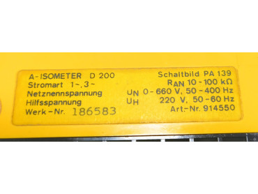 BENDER A-ISOMETER D200 Insulation Monitoring Device 0-660V, 50-400Hz WORK  NO : 186583