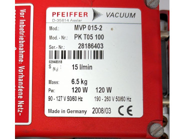 PFEIFFER VACUUM MVP 015-2 DRY VACUUM DIAPHRAGM PUMP PKT05100 .Pw 120 w 50/60 Hz date: 2008/03